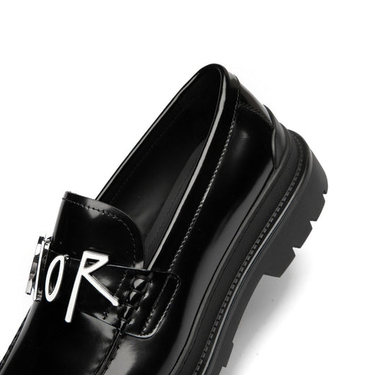 Black Leather Text Strap Loafer - Men's