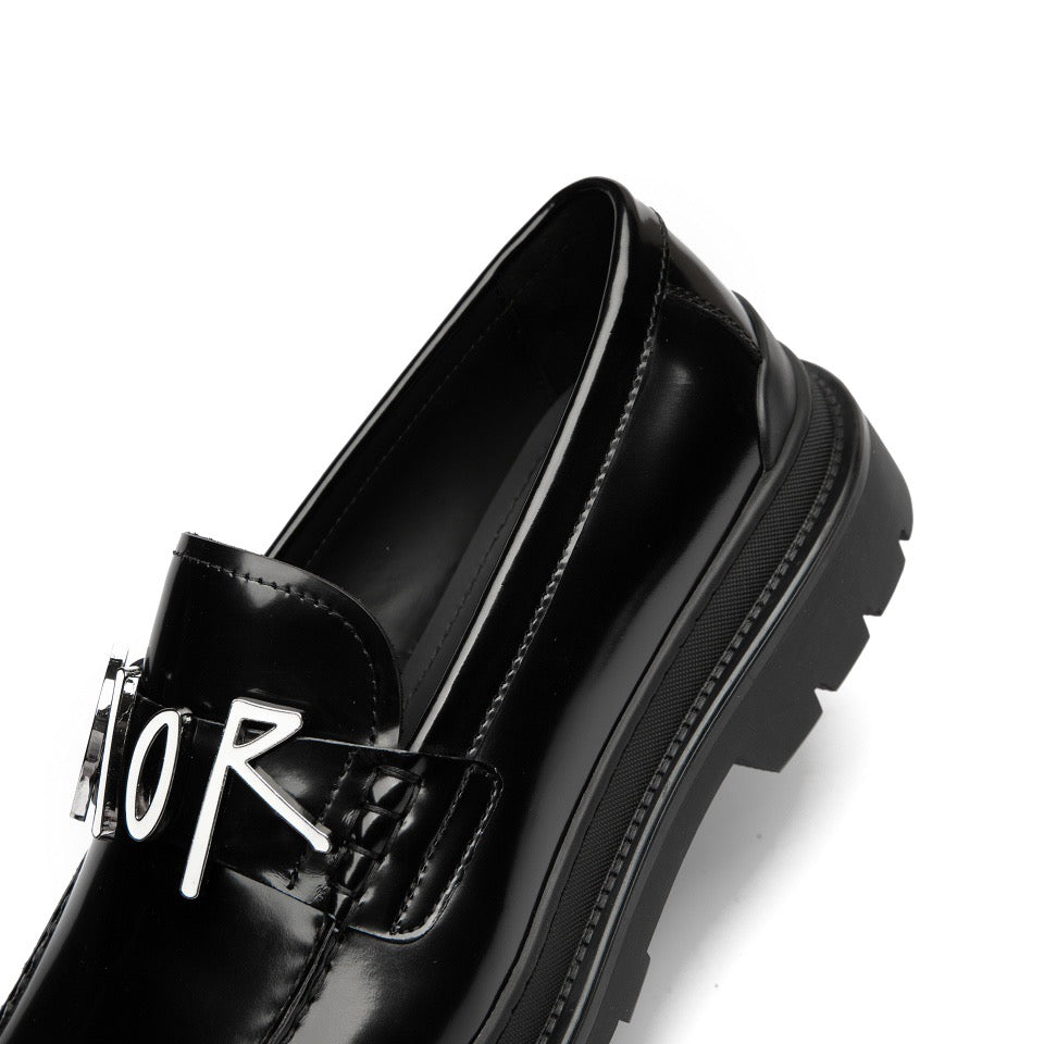 Black Leather Text Strap Loafer - Men's
