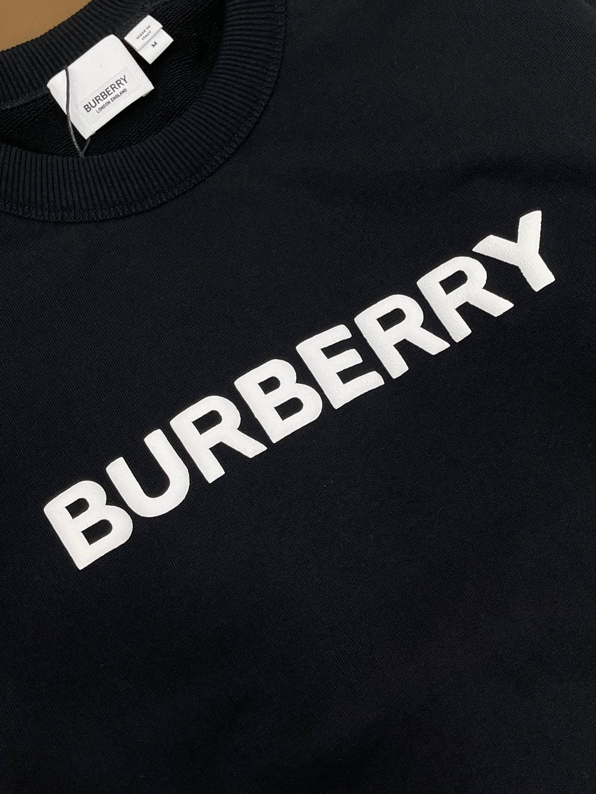 Black Cotton White Text Crewneck - Men's