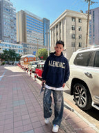Navy Cotton Bold Text Pullover - Men's