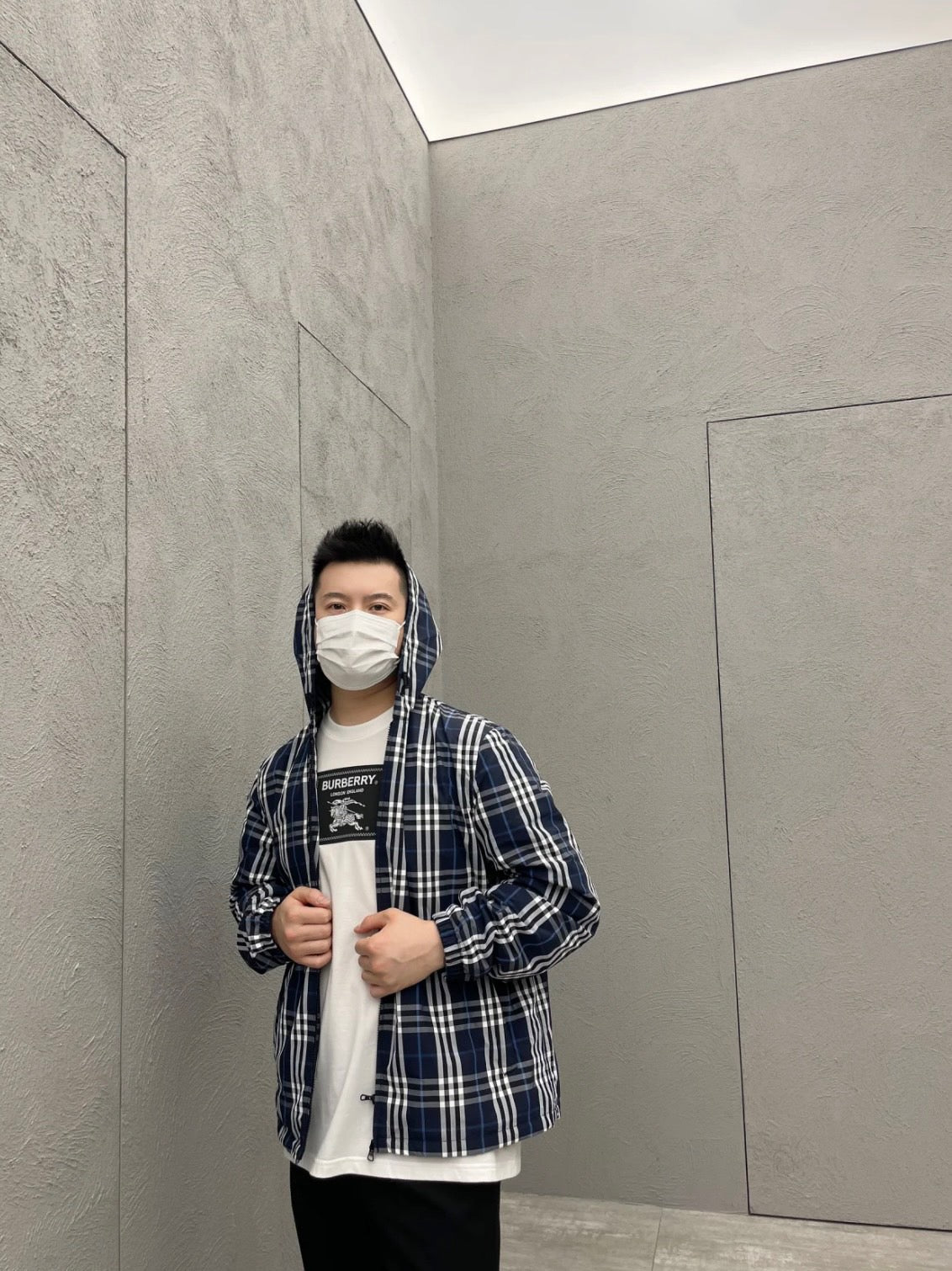 Navy Cotton Check Hooded - Men's