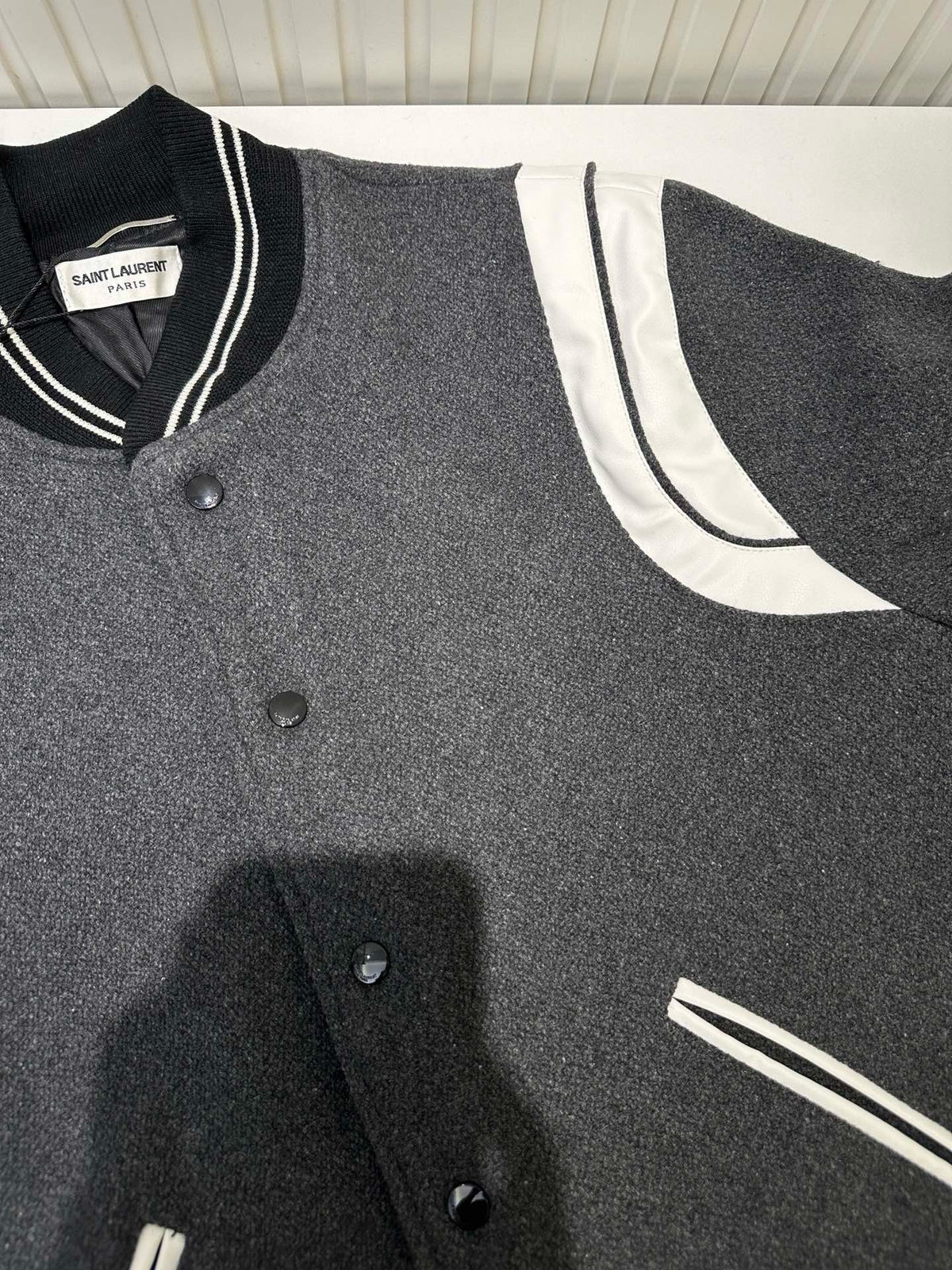 Navy Wool Striped Trim Varsity - Men's