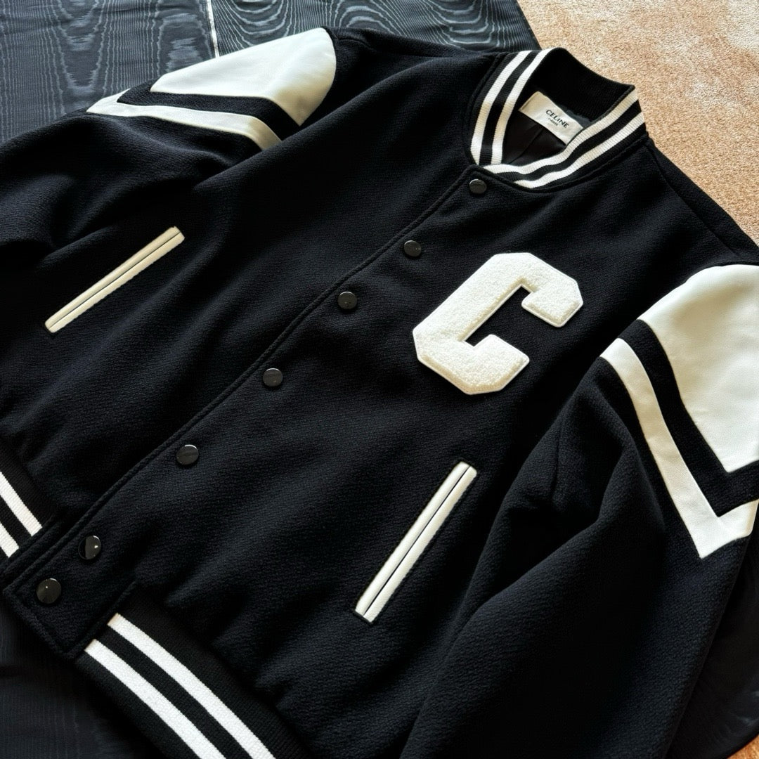 Black Wool Contrast Sleeve Varsity - Men's