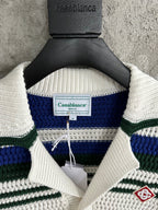 Navy Striped Yoke Knit Polo Shirt - Men's