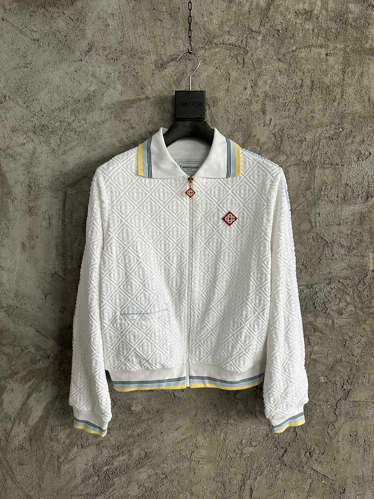 White Knit Striped Trim Blouson - Men's
