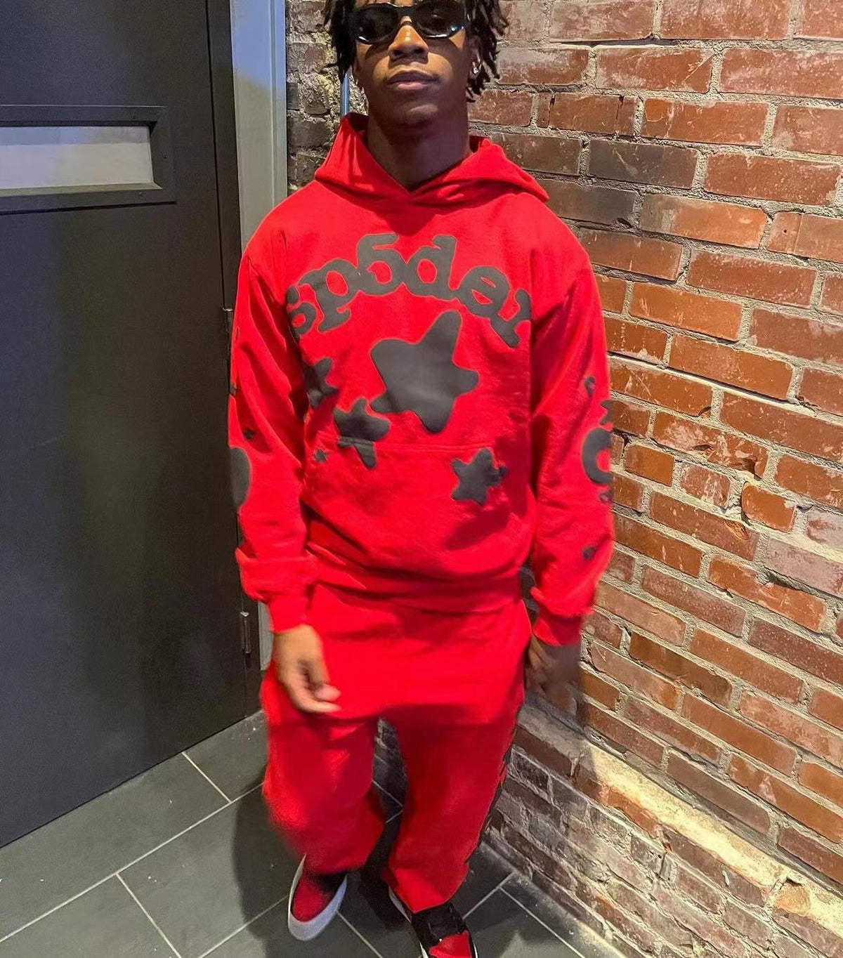 Red Cotton Side Print Joggers - Men's