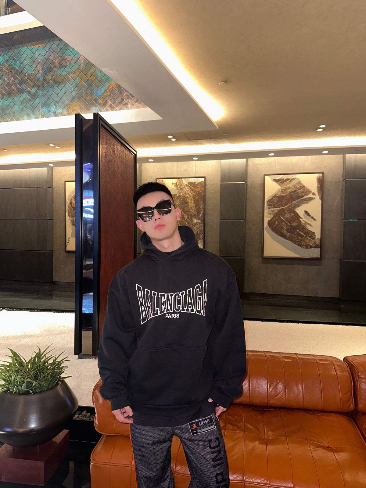 Black Cotton Logo Print Pullover - Men's