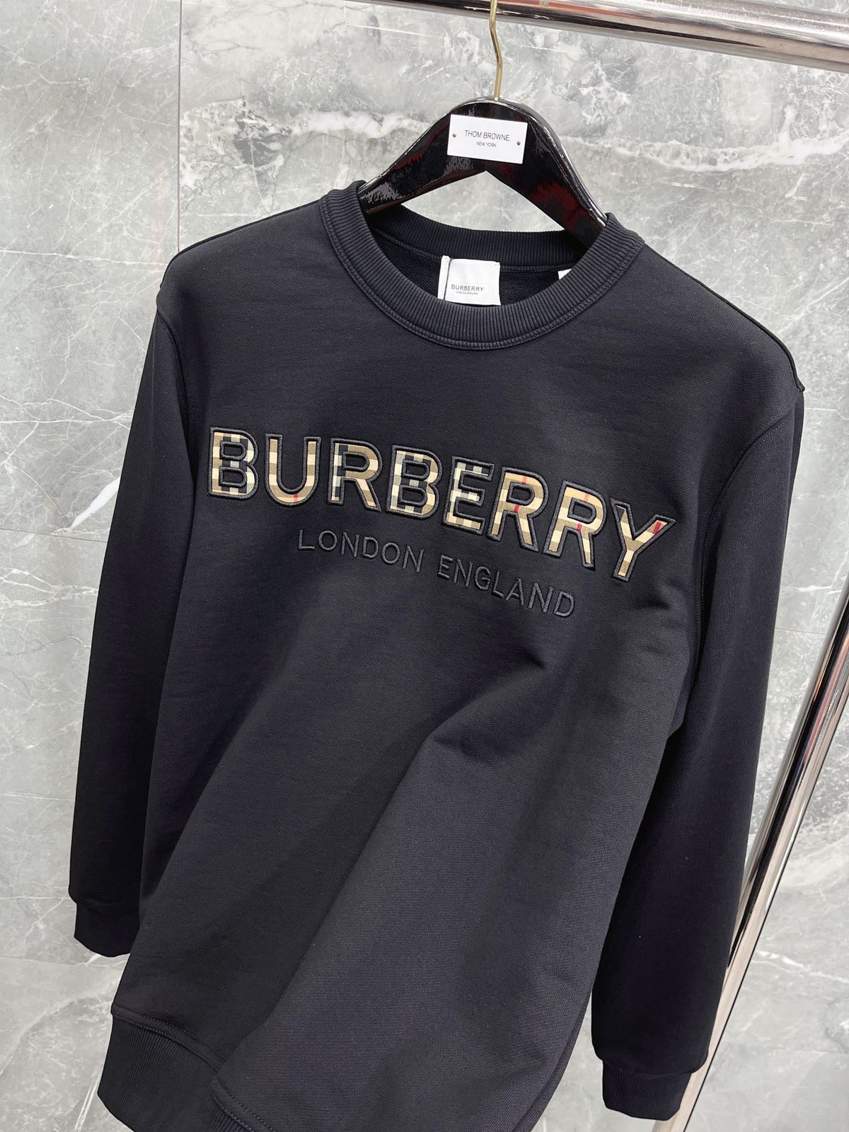 Navy Cotton Embossed Text Crewneck - Men's