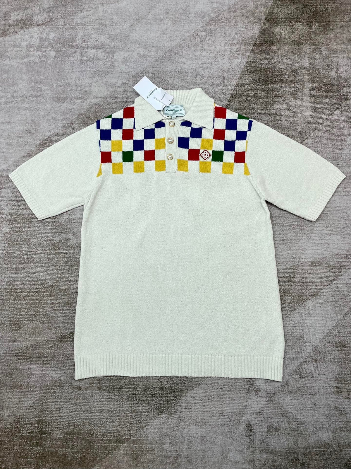 Checkerboard Yoke Knit Polo Shirt - Men's