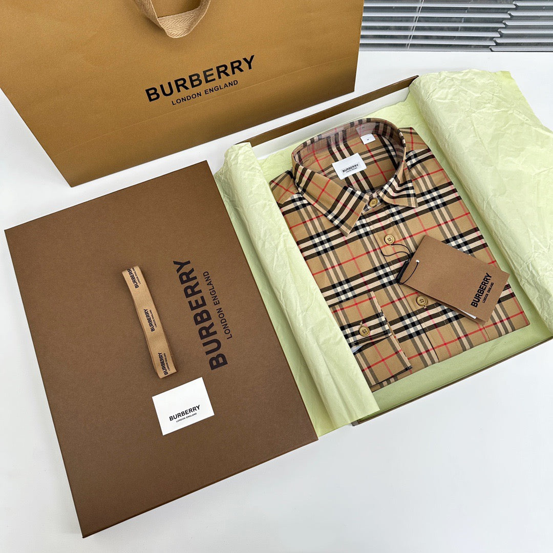 Beige Cotton Vintage Check Long-Sleeve - Men's
