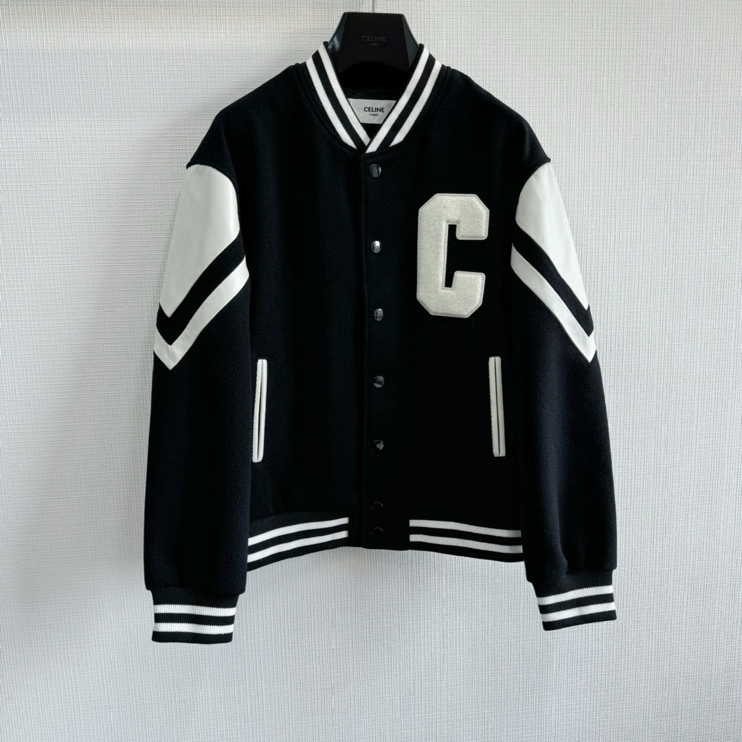 Black Wool Contrast Sleeve Varsity - Men's