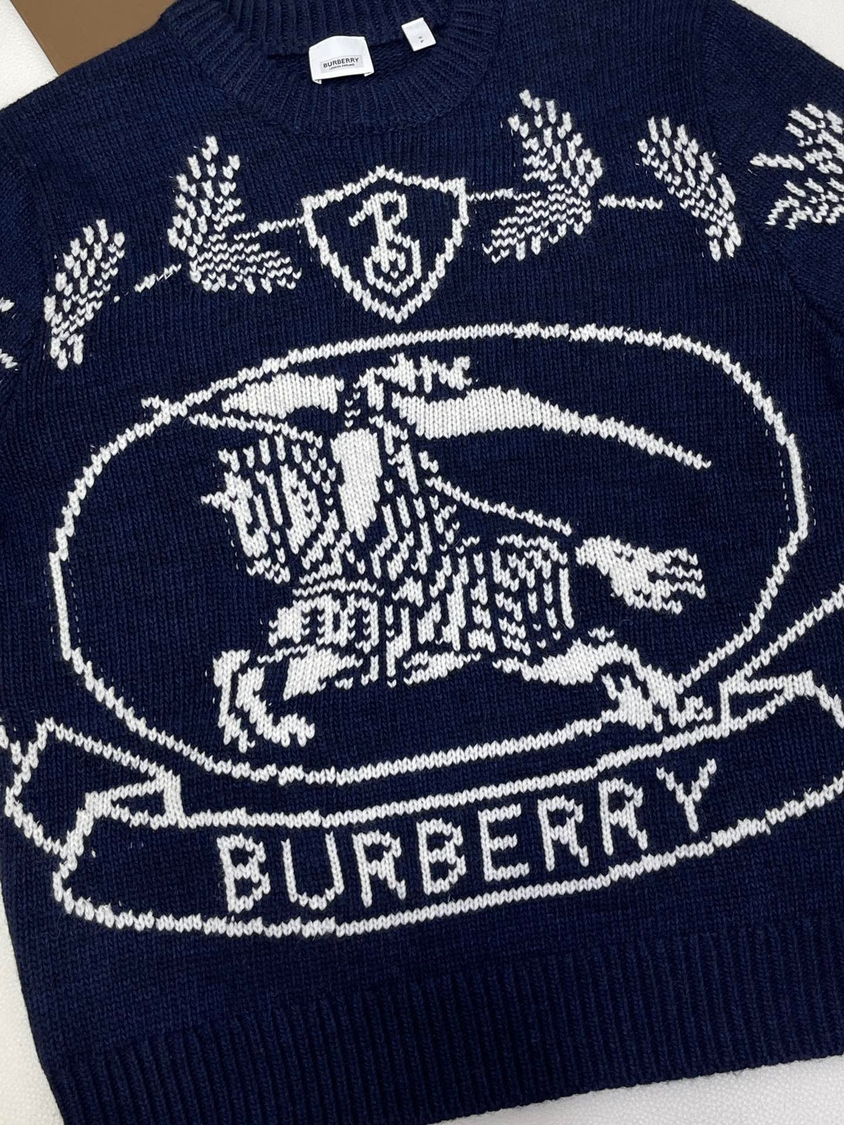 Navy Wool Crest Intarsia Crewneck - Men's
