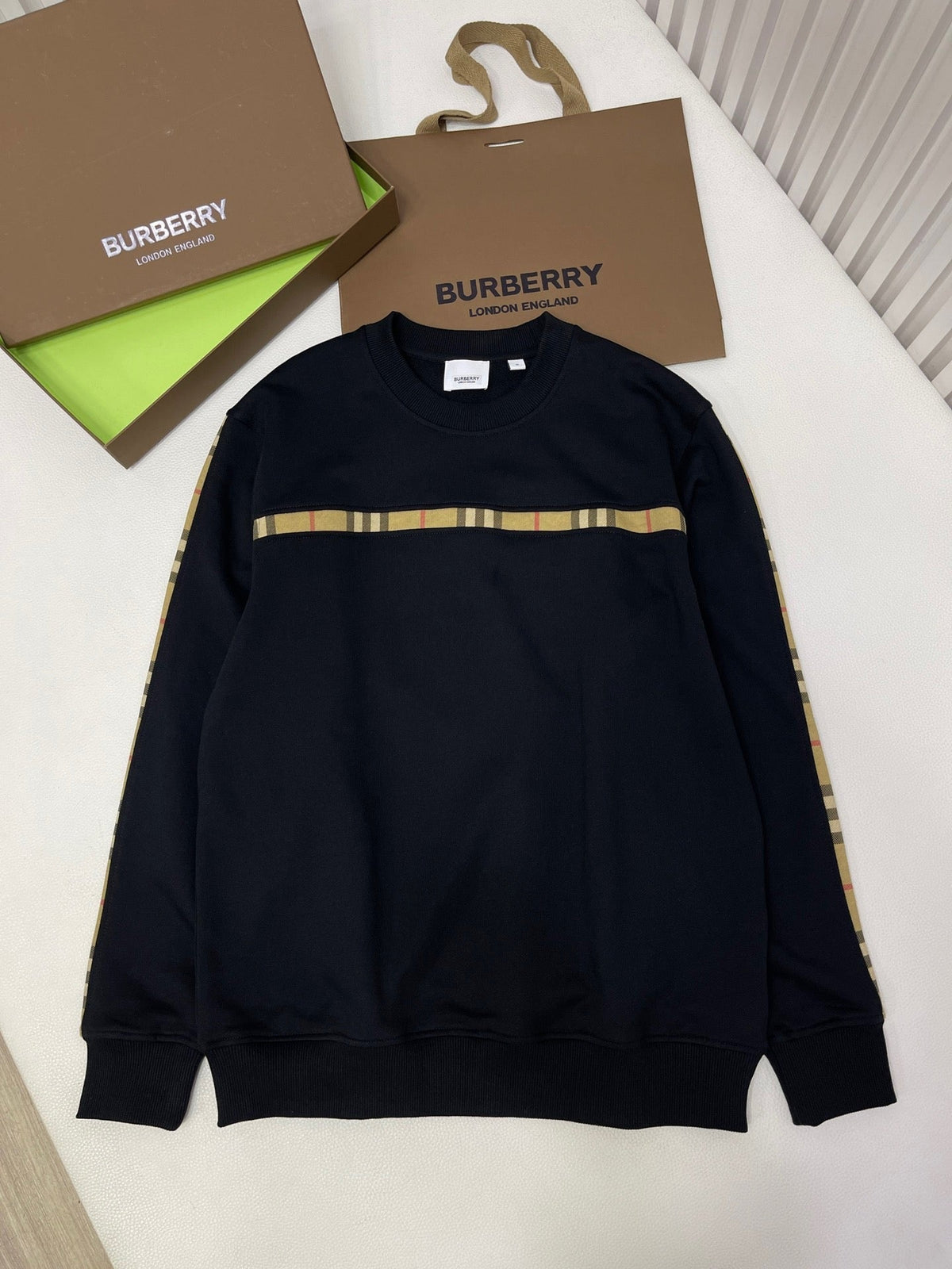 Black Cotton Check Stripe Crewneck - Men's