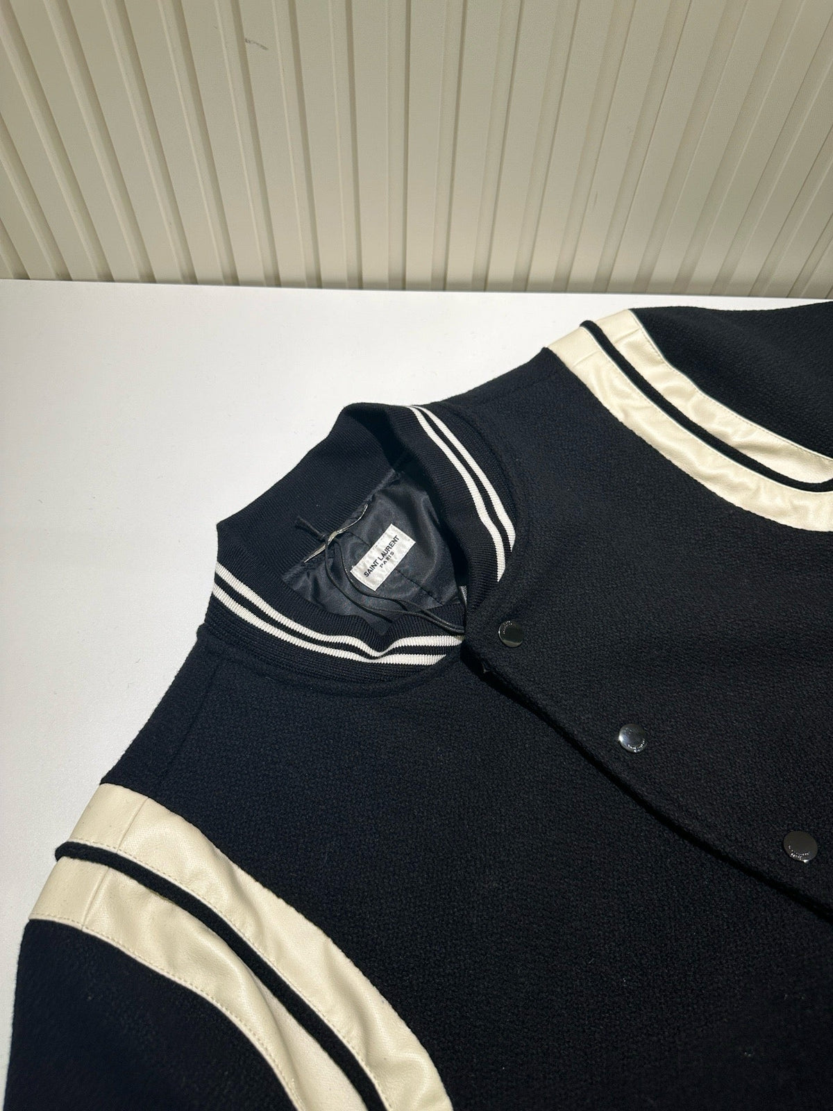 Navy Wool Striped Trim Varsity - Men's