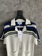 Navy Striped Yoke Knit Polo Shirt - Men's