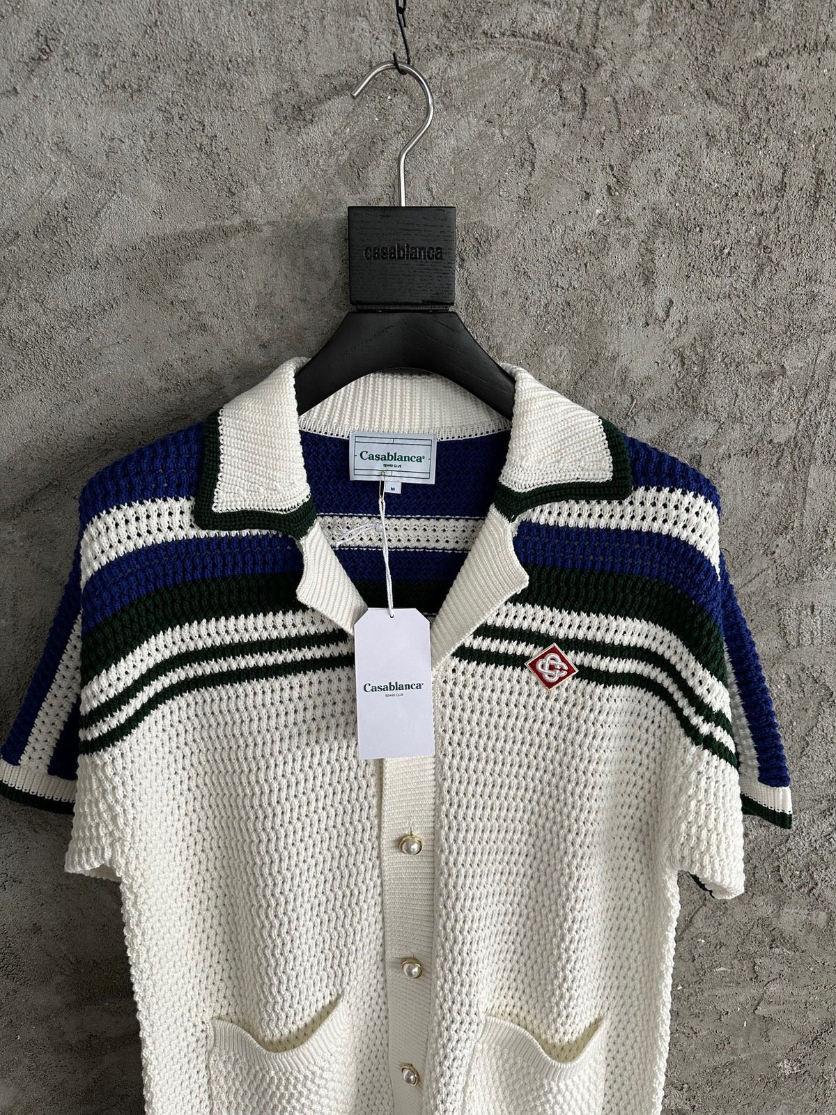 Navy Striped Yoke Knit Polo Shirt - Men's