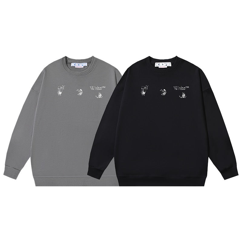 Black Cotton Motif Print Crewneck - Men's