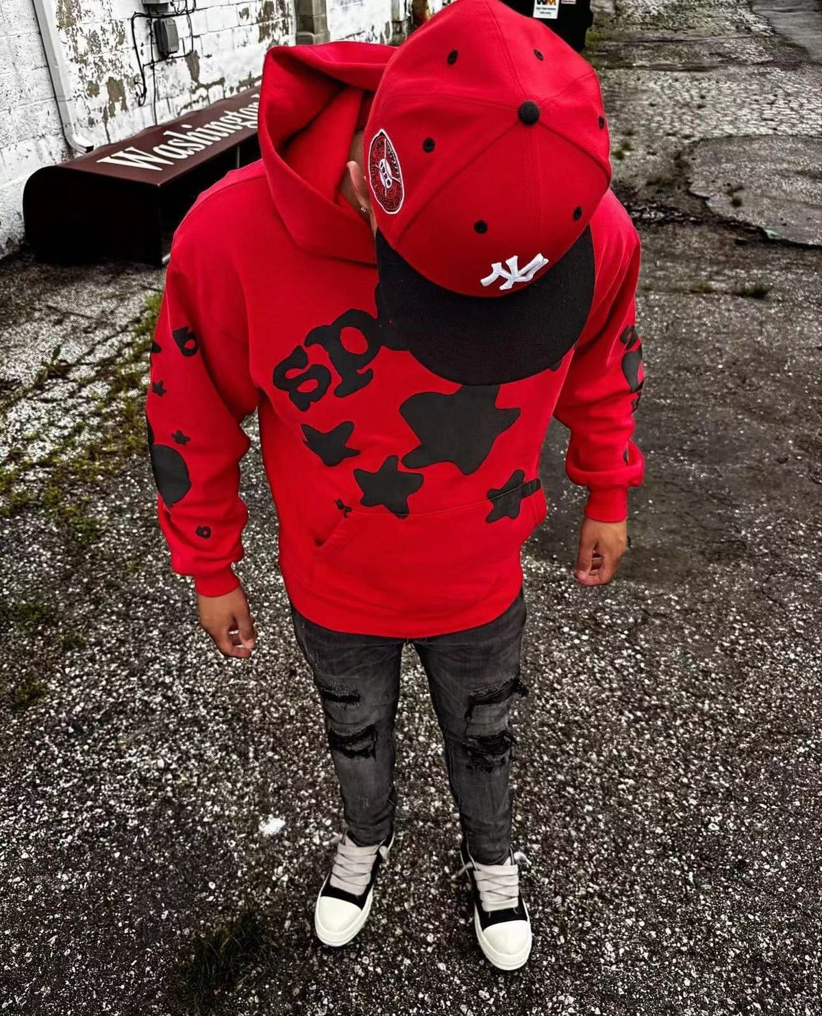 Red Cotton Star Print Pullover - Men's