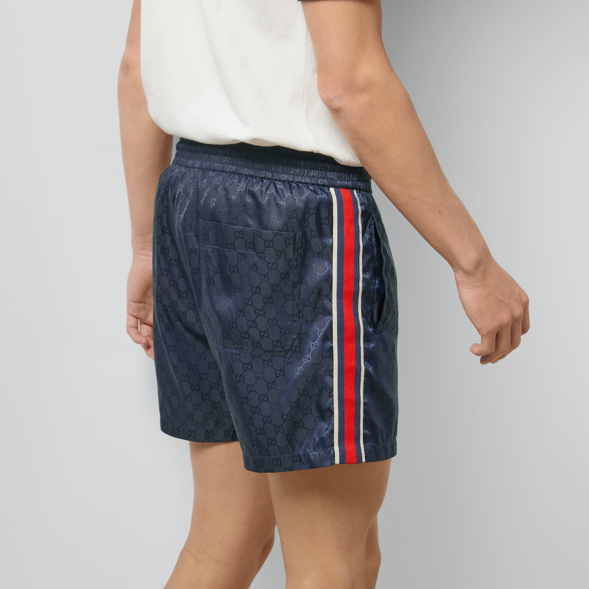 GG jacquard nylon swim shorts – sophisticated and subtle patterns decorate a selection of styles for the Love Parade – LUX VERSE Luxury Designer Fashion Outlet