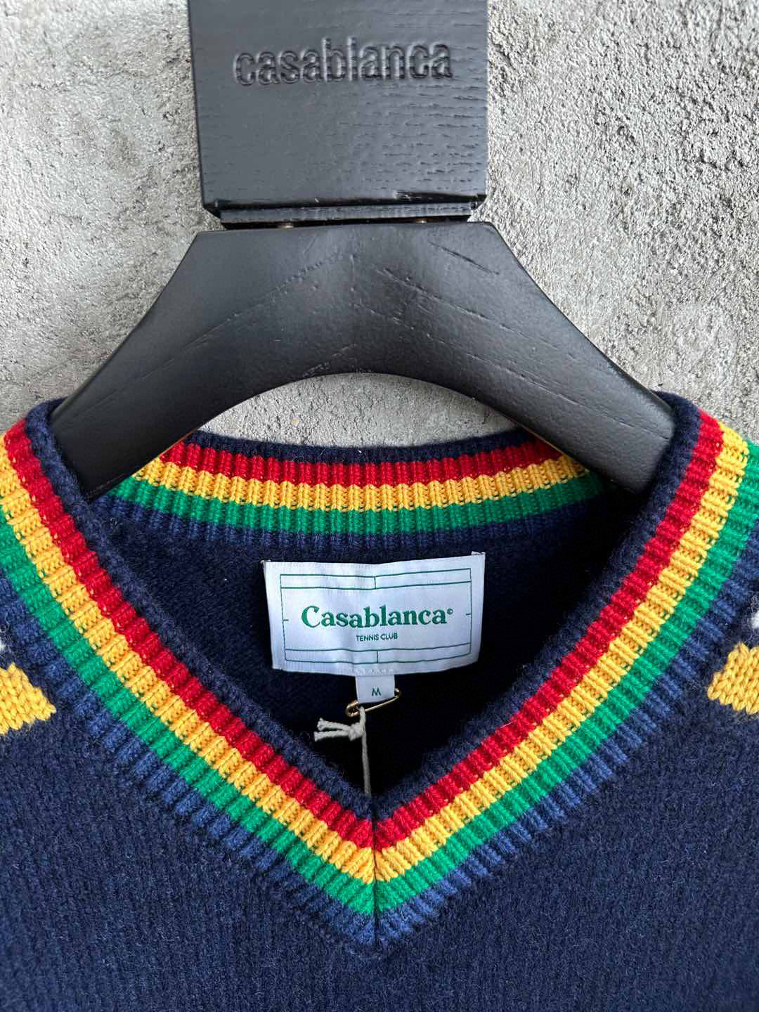 Navy Wool Crest Intarsia Crewneck - Men's
