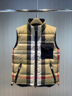 Beige Nylon Check Gilet - Men's