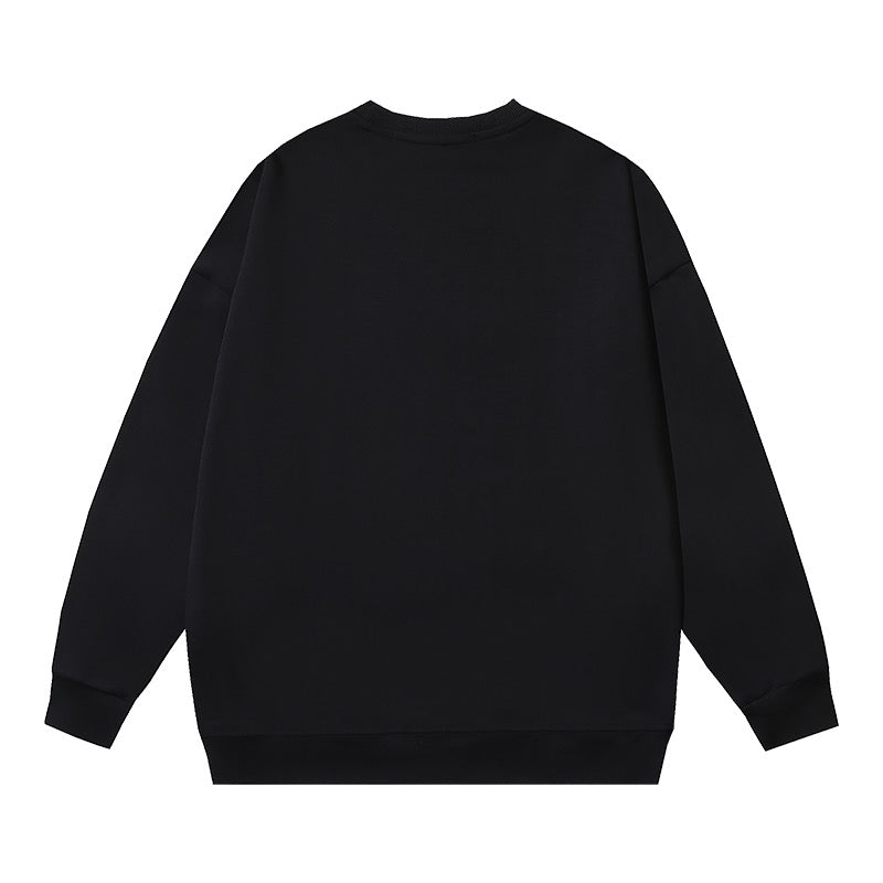 Black Cotton Motif Print Crewneck - Men's