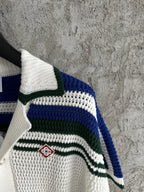 Navy Striped Yoke Knit Polo Shirt - Men's
