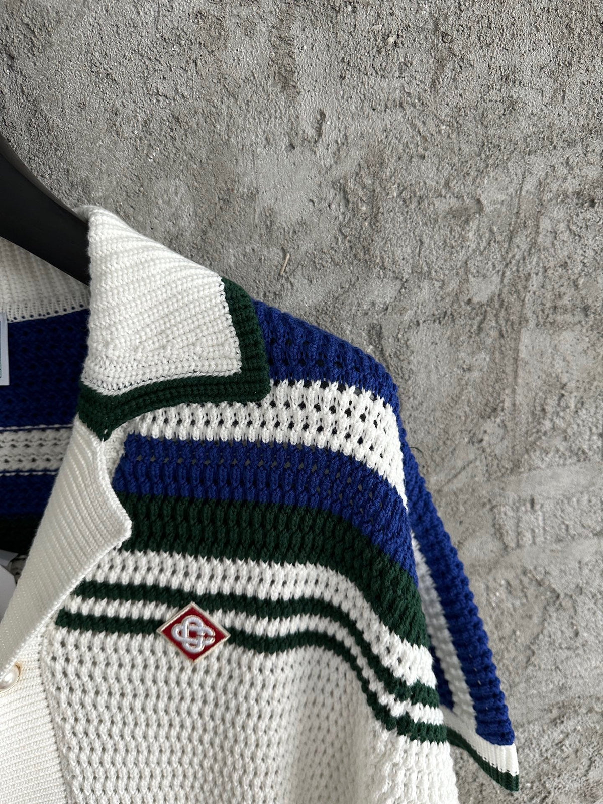 Navy Striped Yoke Knit Polo Shirt - Men's