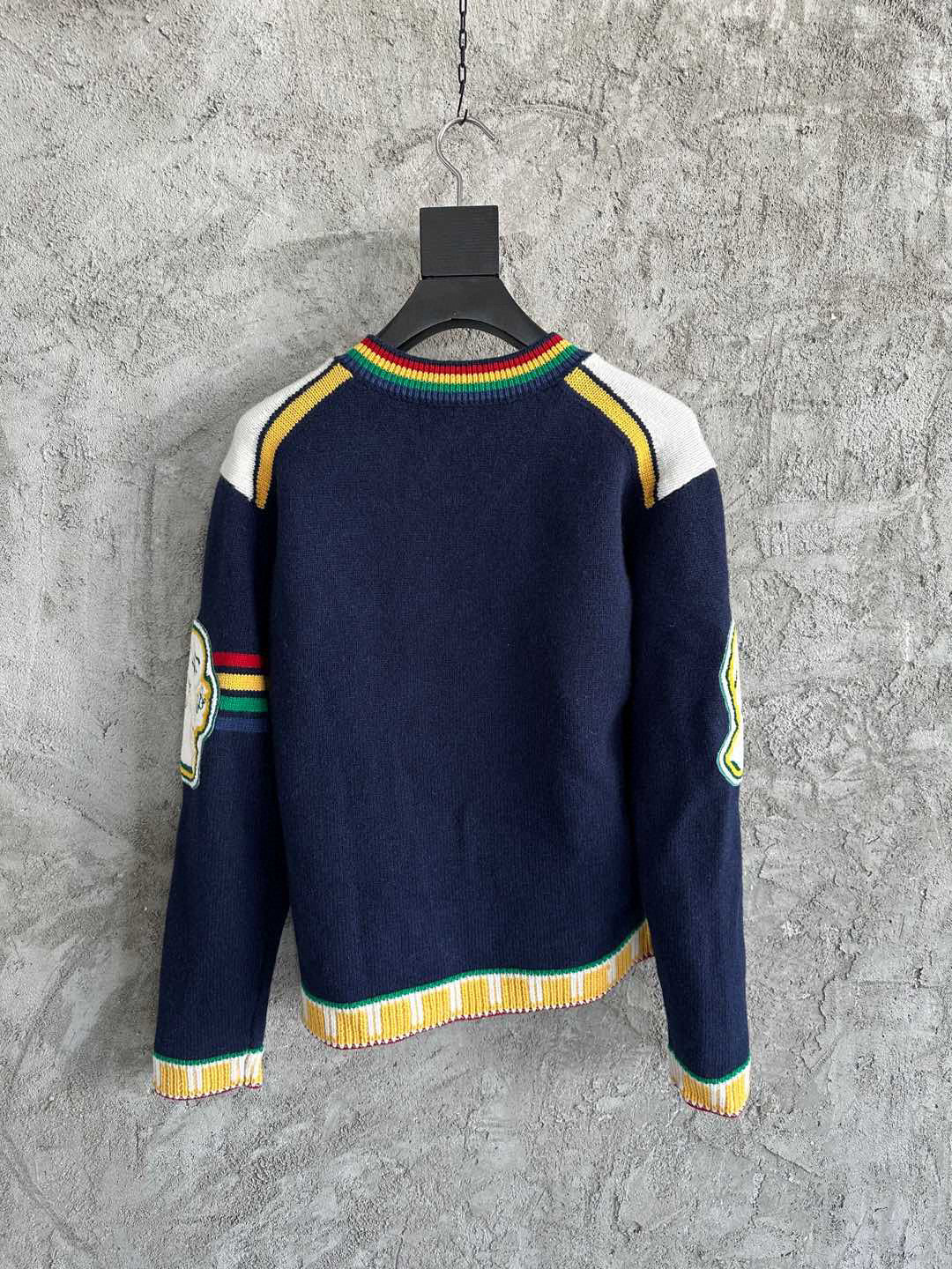 Navy Wool Crest Intarsia Crewneck - Men's