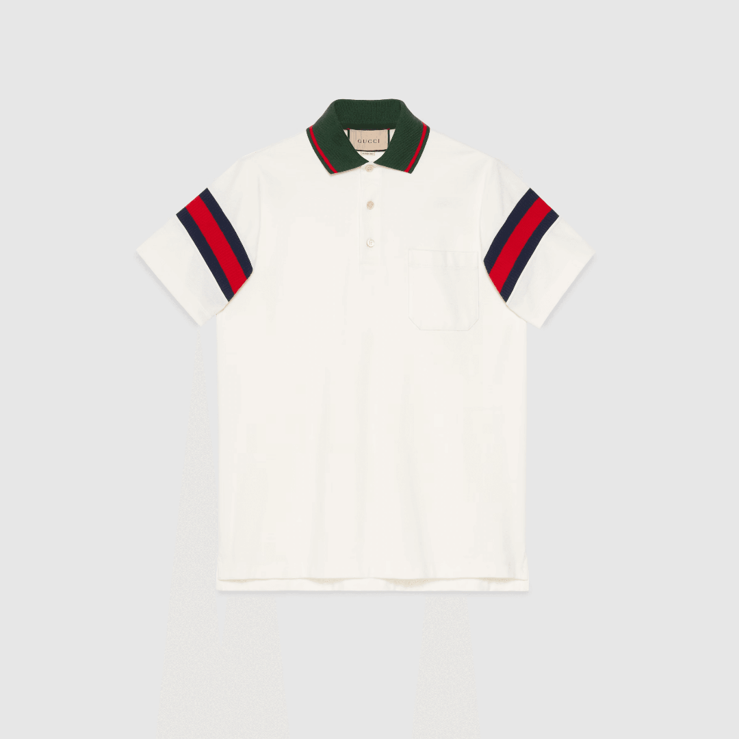 Cotton Jersey T-shirt – a cotton jersey polo shirt featuring a blue and red Web around the sleeves – LUX VERSE Luxury Designer Fashion Outlet