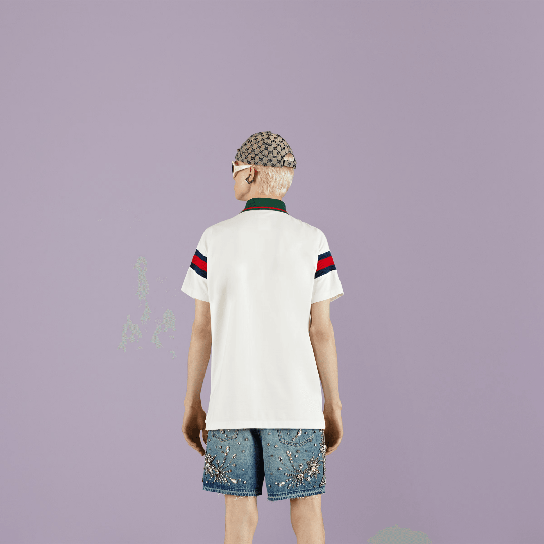 Cotton Jersey T-shirt – a cotton jersey polo shirt featuring a blue and red Web around the sleeves – LUX VERSE Luxury Designer Fashion Outlet