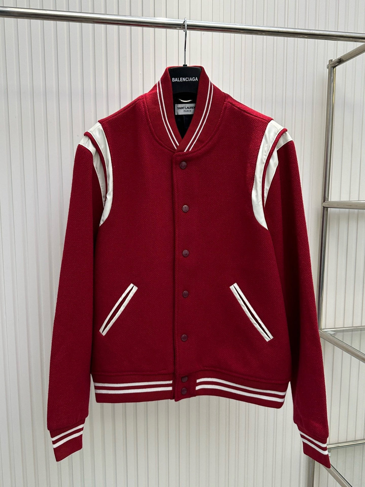 Navy Wool Striped Trim Varsity - Men's