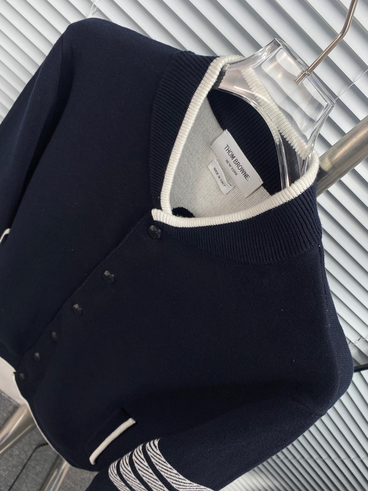 Navy Wool Four-Bar Cardigan - Men's