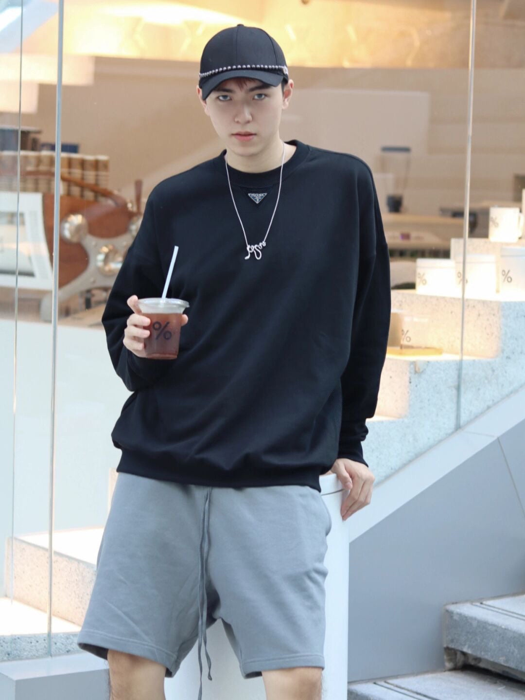 Black Cotton Triangle Logo Long-Sleeve - Men's