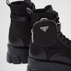 Monolith leather and Re-Nylon boots with pouch – a removable pouch featuring the iconic enameled metal triangle logo decorates – LUX VERSE Luxury Designer Fashion Outlet