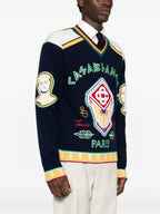 Navy Wool Crest Intarsia Crewneck - Men's