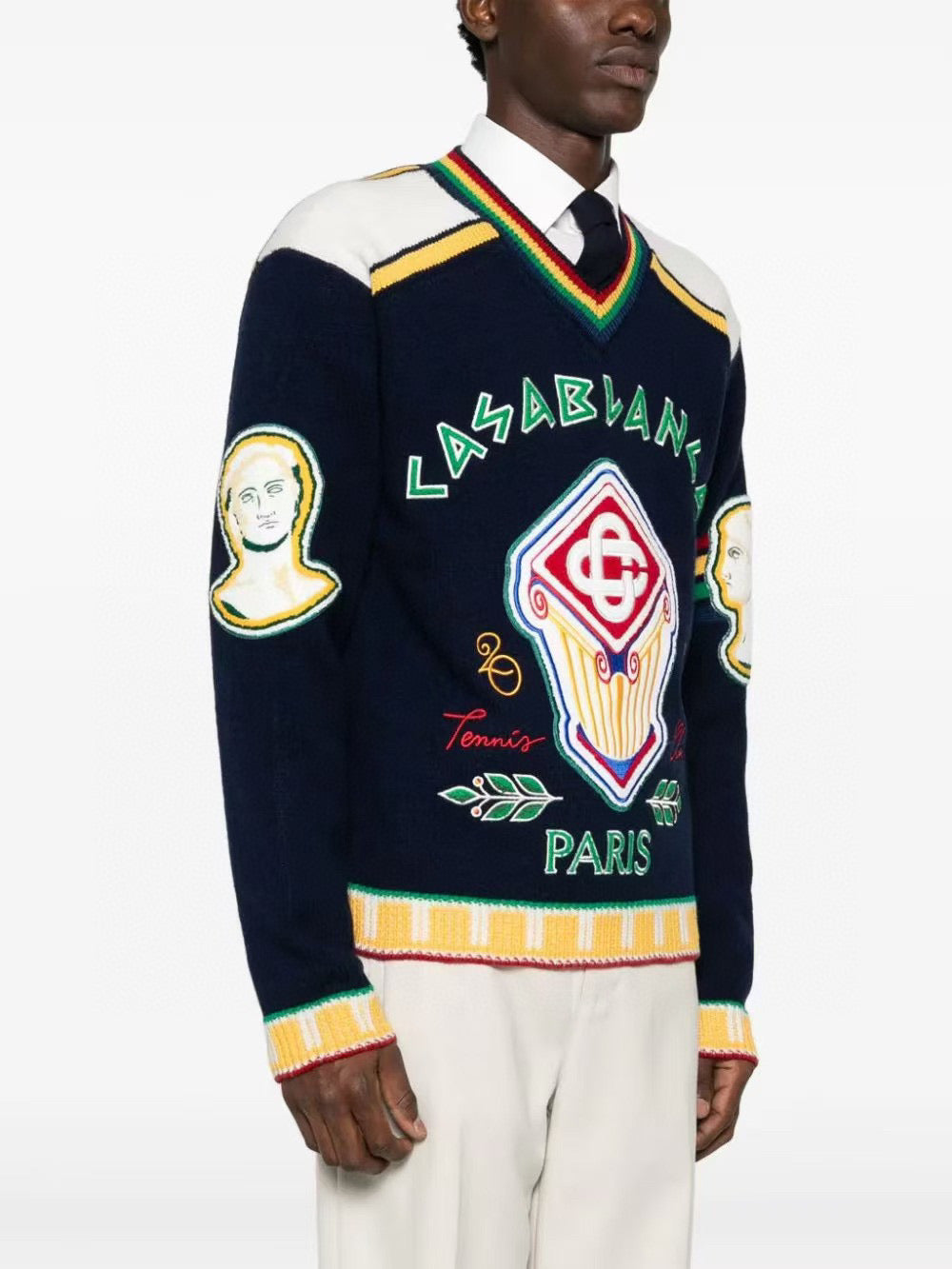 Navy Wool Crest Intarsia Crewneck - Men's