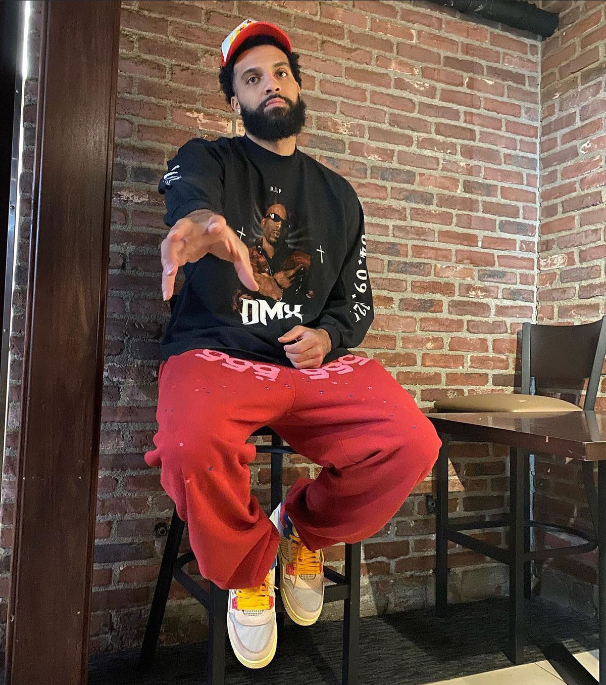Red Cotton Numeral Print Joggers - Men's
