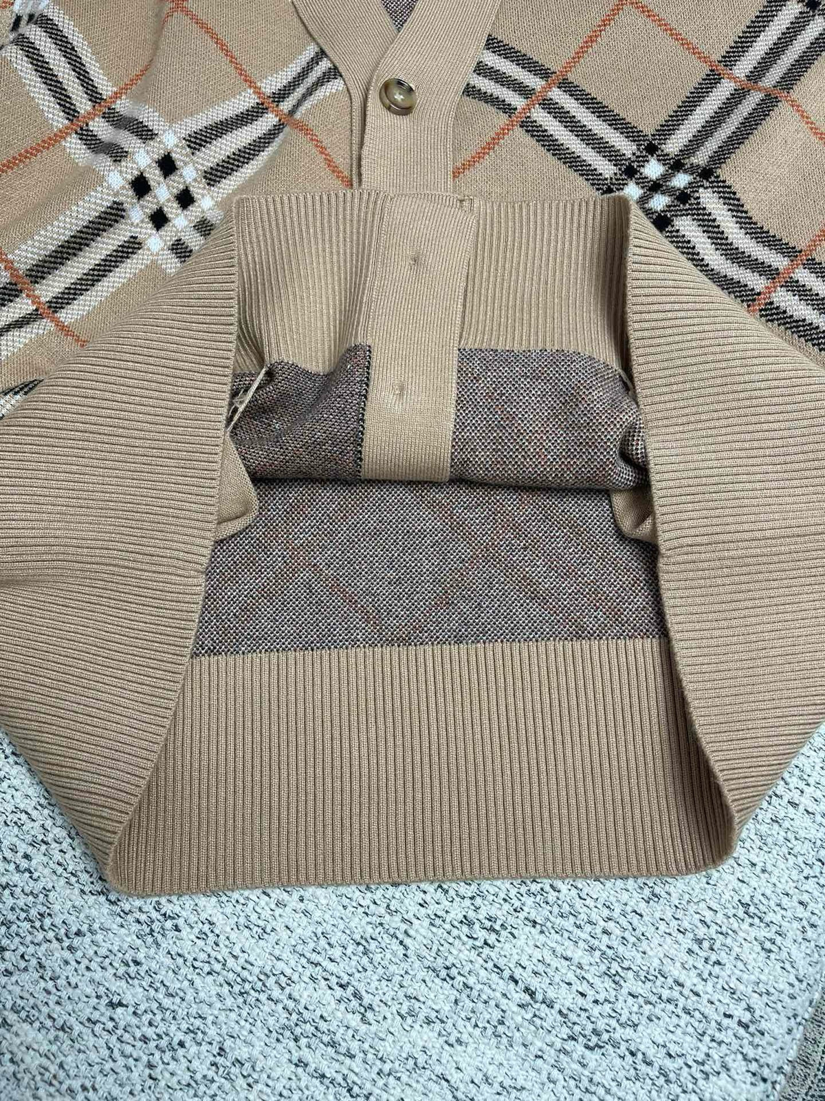 Check Knit Cardigan Camel - Men's