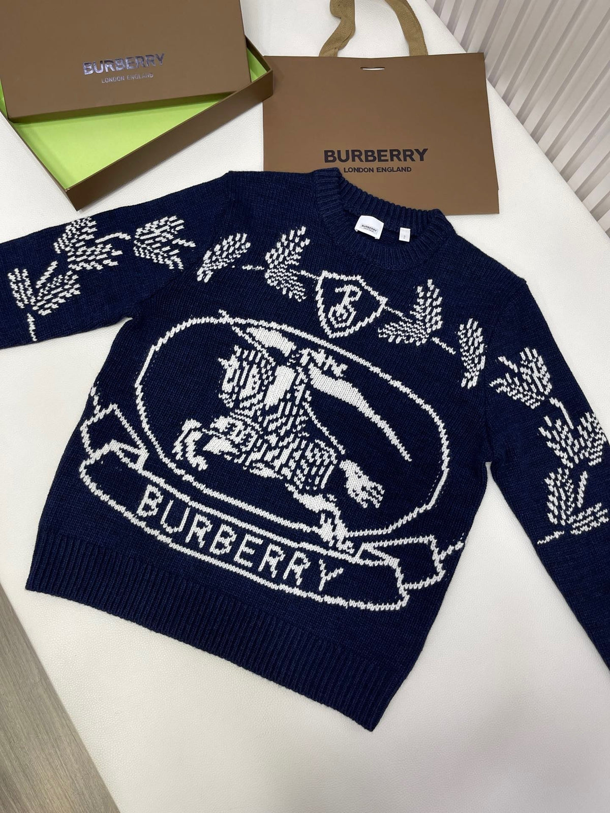 Navy Wool Crest Intarsia Crewneck - Men's