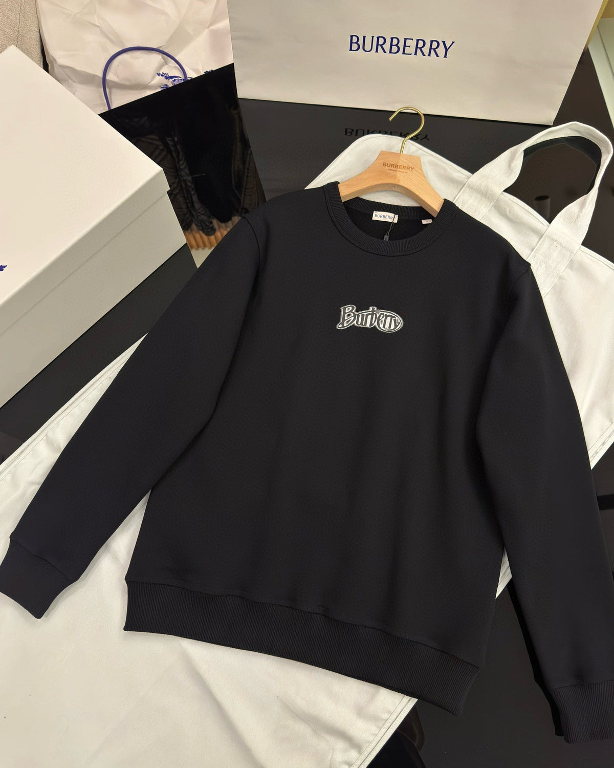 Black Cotton Chest Logo Crewneck - Men's