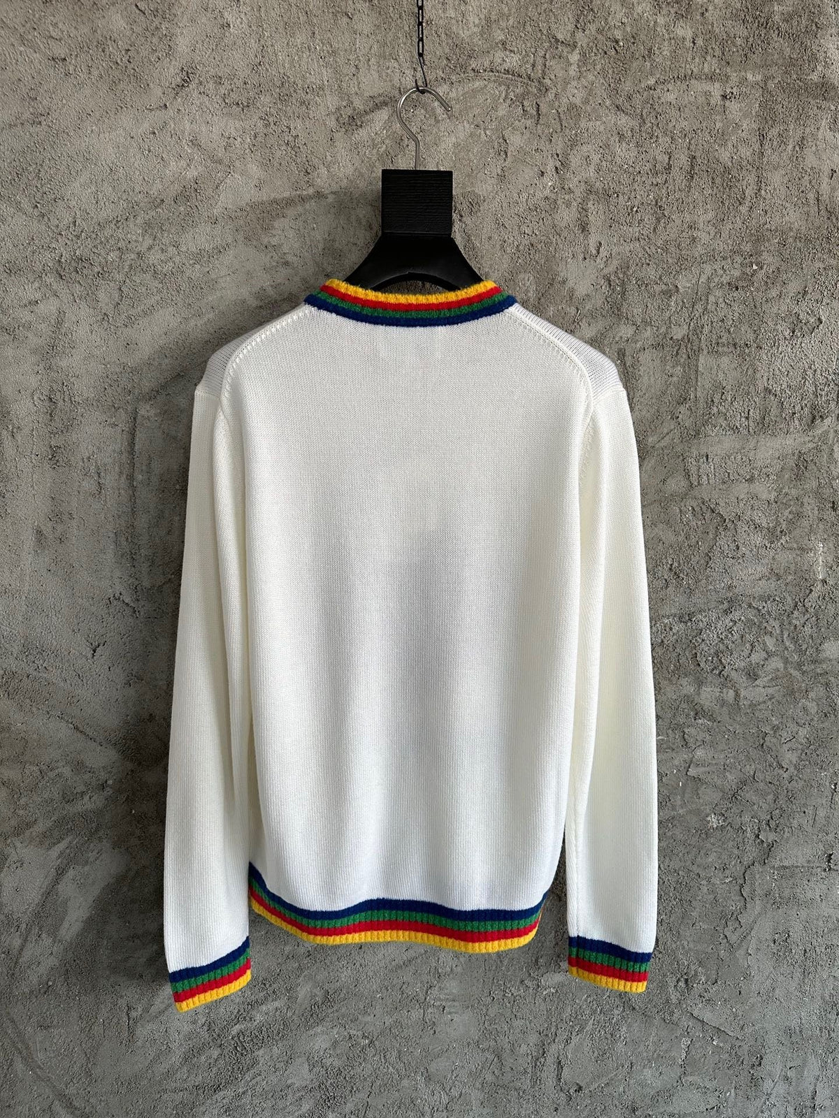 Cream Wool Contrast Trim Crewneck - Men's