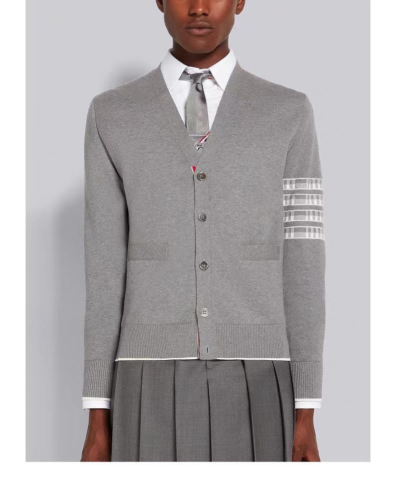 Grey Wool Bar Stripe Cardigan - Men's