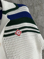 Navy Striped Yoke Knit Polo Shirt - Men's