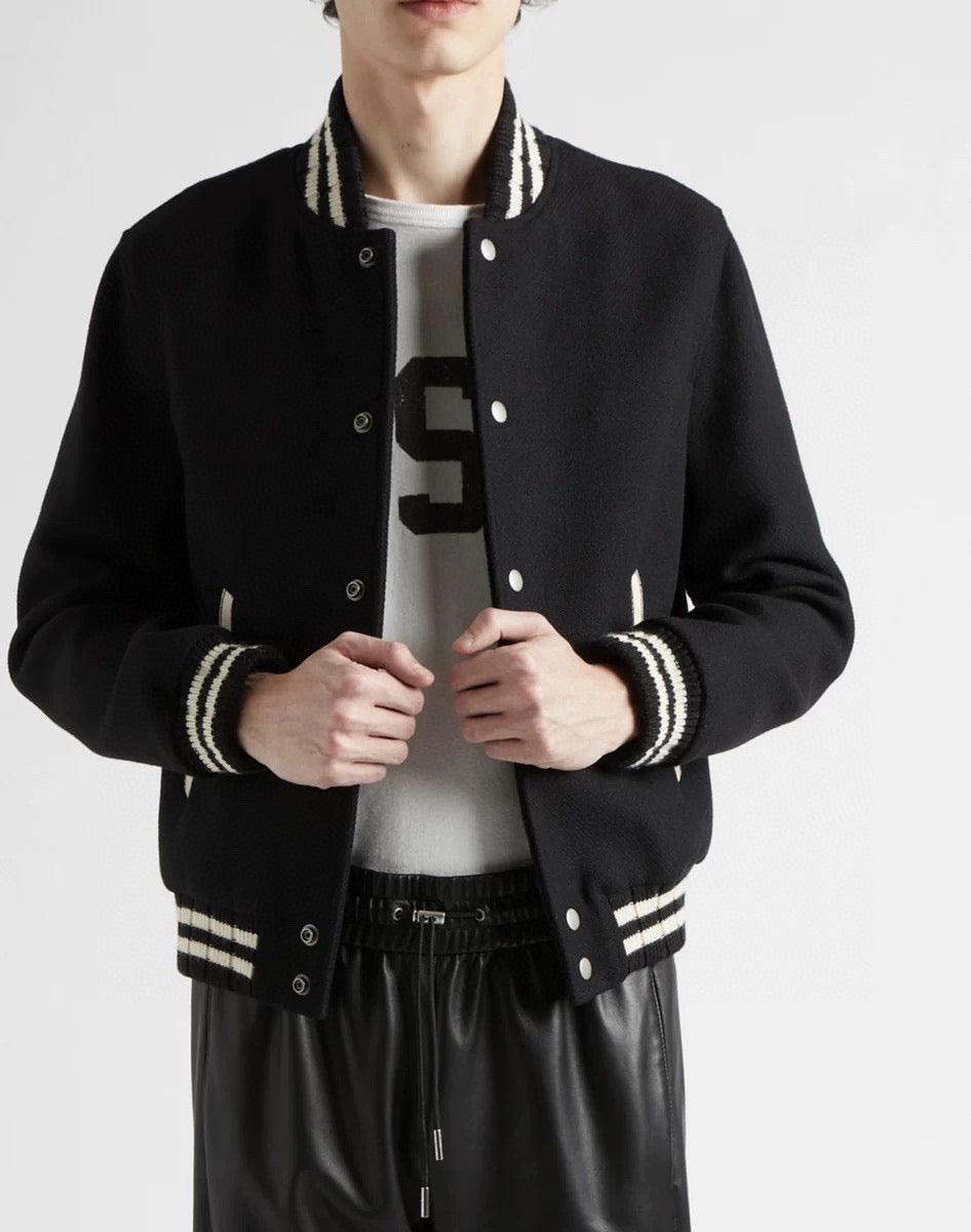 Black Wool Striped Trim Varsity - Men's