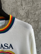 Cream Wool Contrast Trim Crewneck - Men's