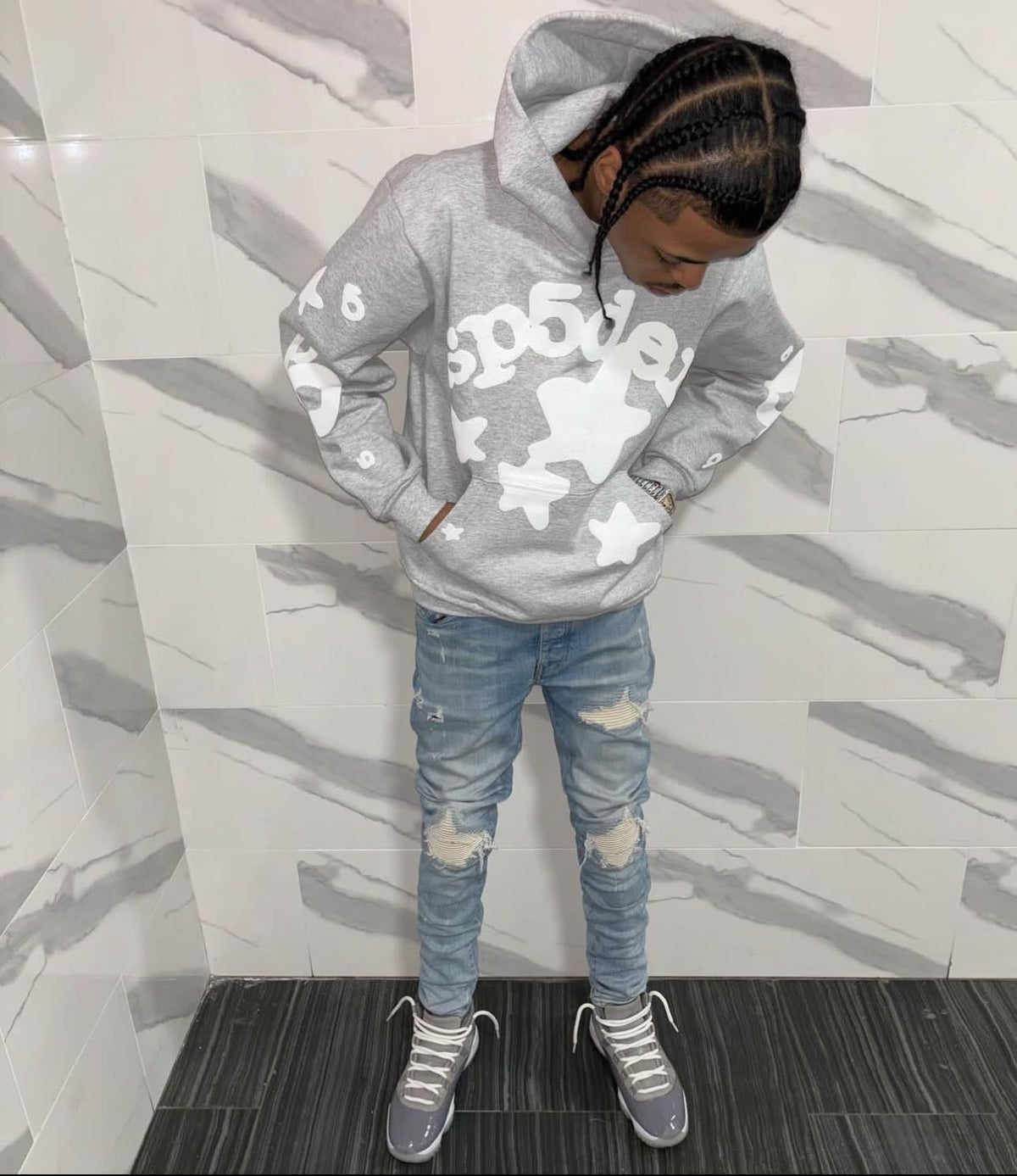 Grey Cotton Star Print Pullover - Men's