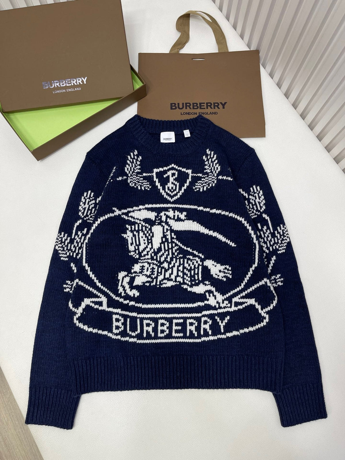 Navy Wool Crest Intarsia Crewneck - Men's