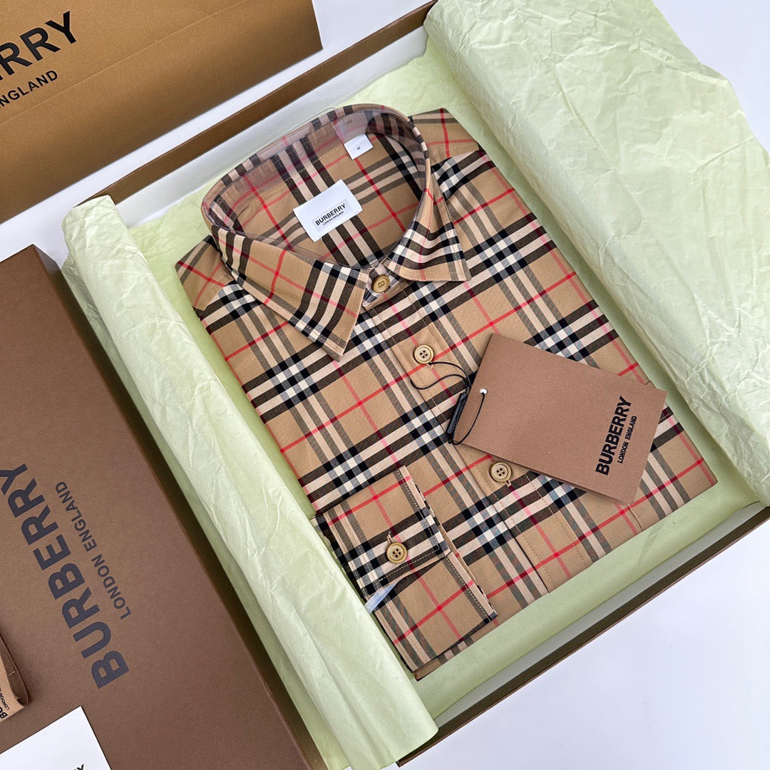 Beige Cotton Vintage Check Long-Sleeve - Men's