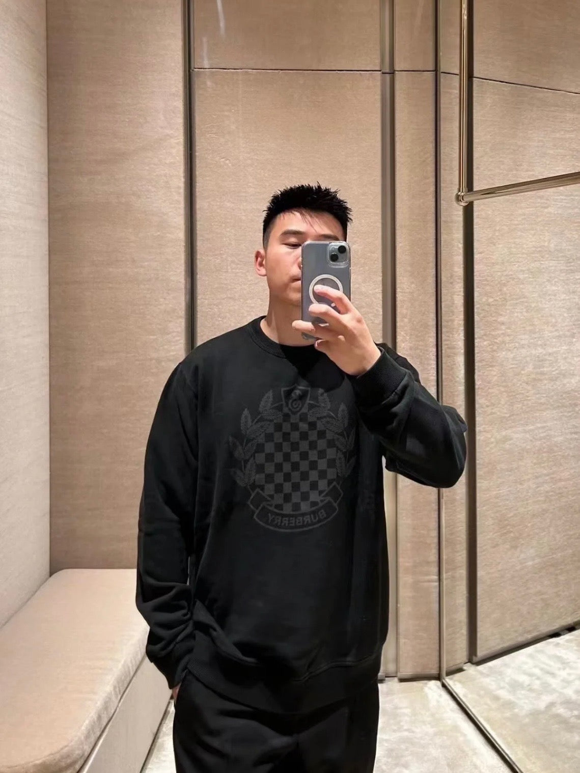 Black Cotton Tonal Print Crewneck - Men's